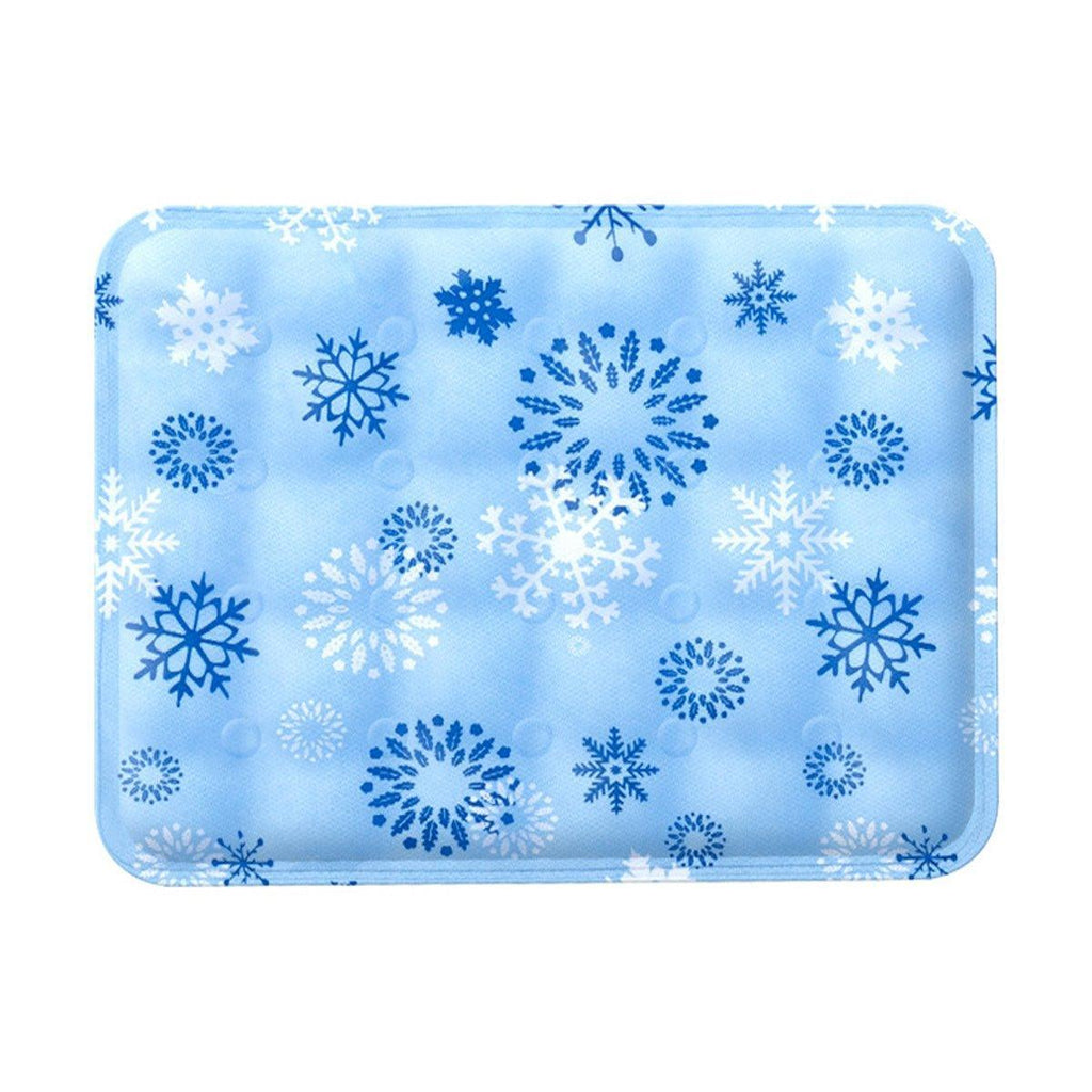 Blue cooling mat with snowflakes for dogs outdoors, Frankie's Collection summer pet product.